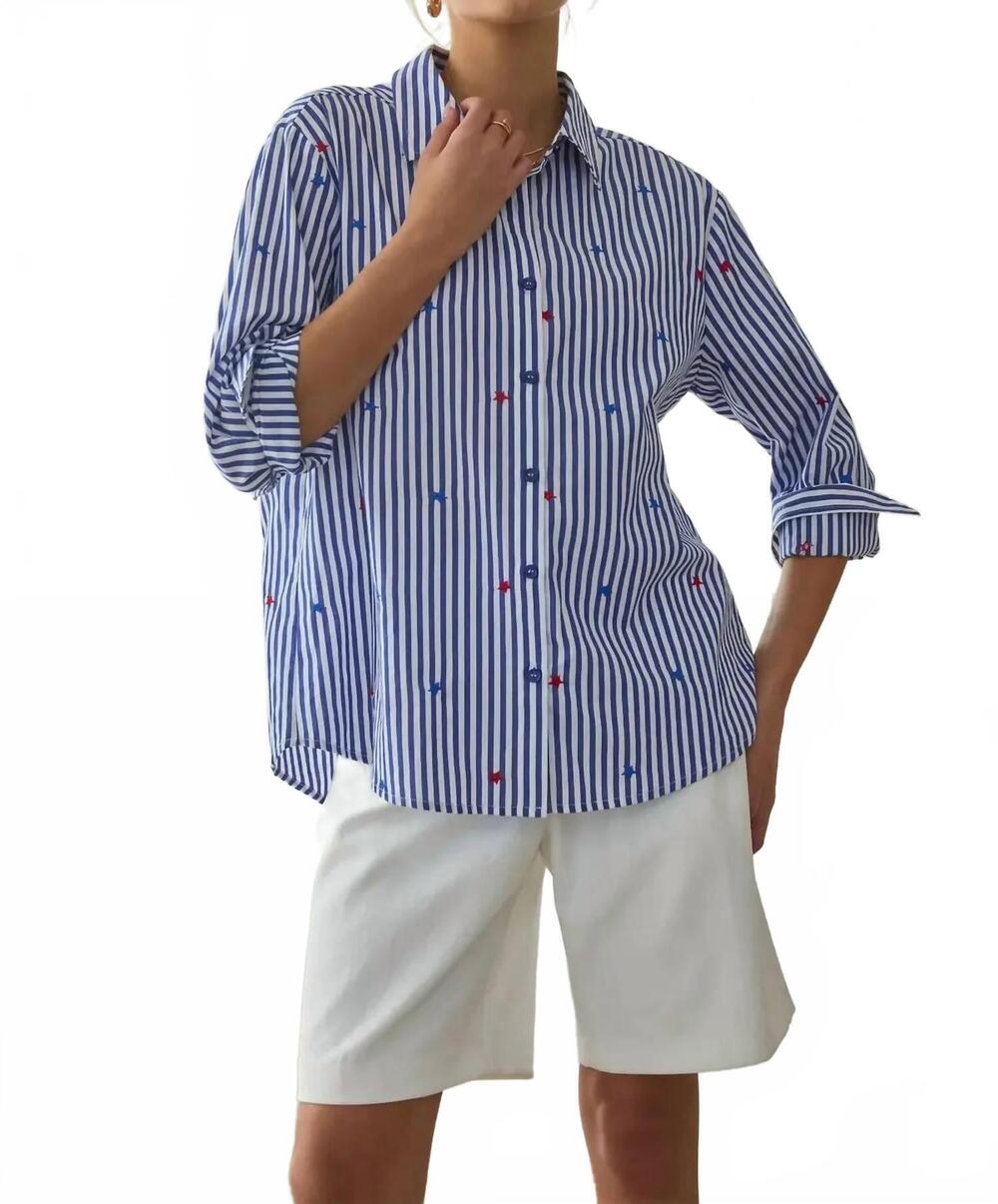 NEW SKIES ARE BLUE star embroidered striped button-down blouse in blue/white